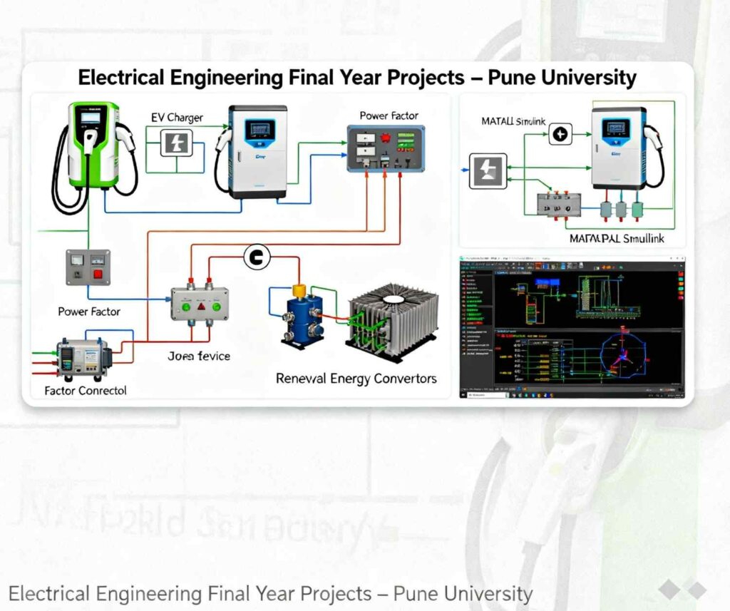 Electrical engineering final year projects with EV chargers, power factor correction, renewable energy converters, and block diagrams for Pune University students