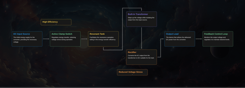 Block diagram of active clamp quasi-resonant high step-up DC/DC converter with built-in transformer and low voltage stress.